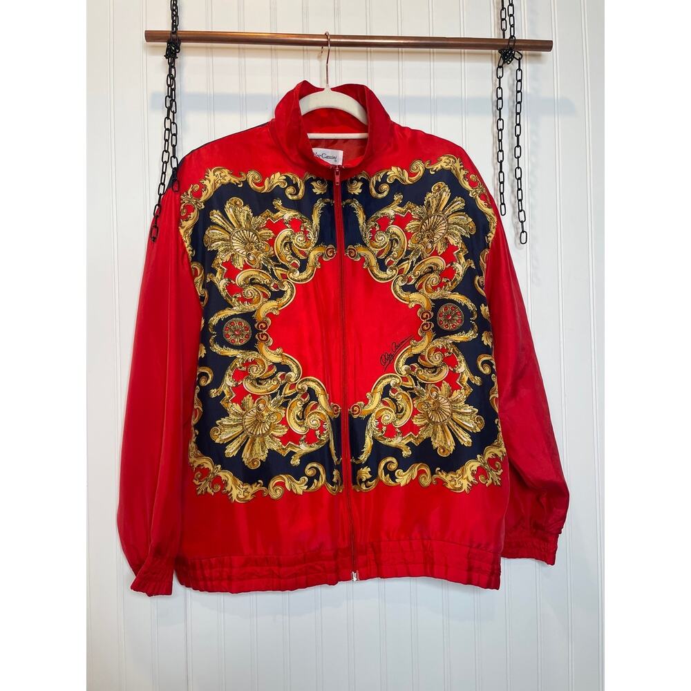 Vintage OLEG CASSINI Womens 100% Silk Jacket Red Blue Crest Shoulder Pads Size M